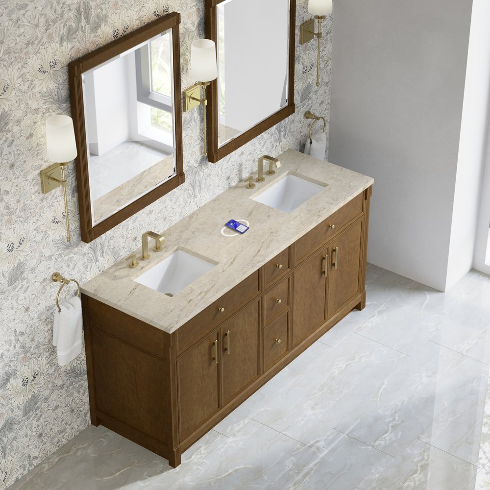 James Martin - Bellshire 72" Double Vanity, Honey Oak w/ 3 CM Tajnar Eclos Top w/FreePower Wireless Charger - 660-V72-HNO-FTJR view 7