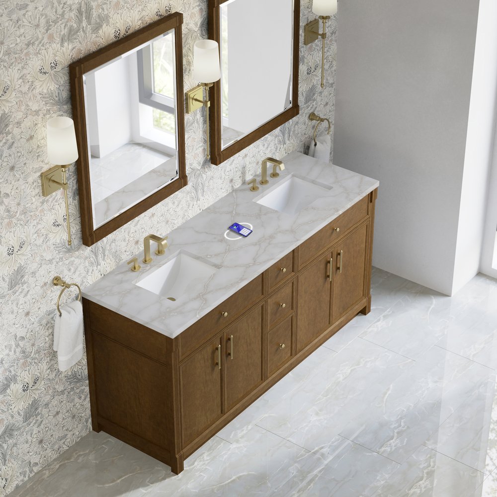 James Martin - Bellshire 72" Double Vanity, Honey Oak w/ 3 CM Victorian Silver Silestone Top w/FreePower Wireless Charger - 660-V72-HNO-FVSL view 7