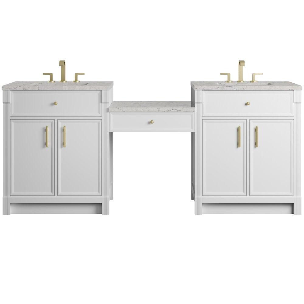 James Martin - Bellshire 84" Dual Vanity Set with 24" Make-Up Counter, Bright White w/3 cm Eternal Jasmine Pearl Silestone Top - 660-VMC84-BW-3EJP view 1