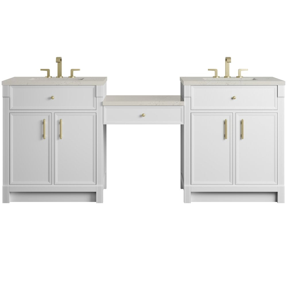 James Martin - Bellshire 84" Dual Vanity Set with 24" Make-Up Counter, Bright White w/3 cm Siberian Silestone Top - 660-VMC84-BW-3SFR view 1