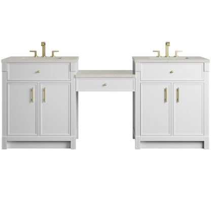 James Martin - Bellshire 84" Dual Vanity Set with 24" Make-Up Counter, Bright White w/3 cm Siberian Silestone Top - 660-VMC84-BW-3SFR view 1
