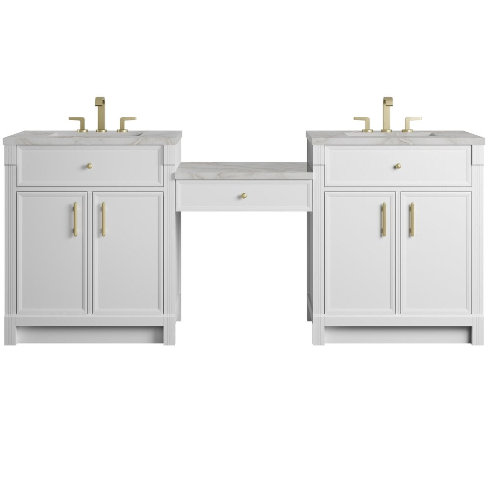 James Martin - Bellshire 84" Dual Vanity Set with 24" Make-Up Counter, Bright White w/3 cm Victorian Silver Silestone Top - 660-VMC84-BW-3VSL view 1