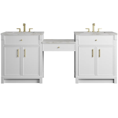 James Martin - Bellshire 84" Dual Vanity Set with 24" Make-Up Counter, Bright White w/3 cm Victorian Silver Silestone Top - 660-VMC84-BW-3VSL view 1