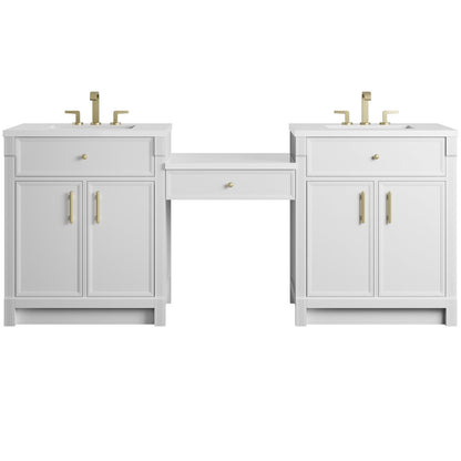 James Martin - Bellshire 84" Dual Vanity Set with 24" Make-Up Counter, Bright White w/3 cm White Zeus Silestone Top - 660-VMC84-BW-3WZ view 1