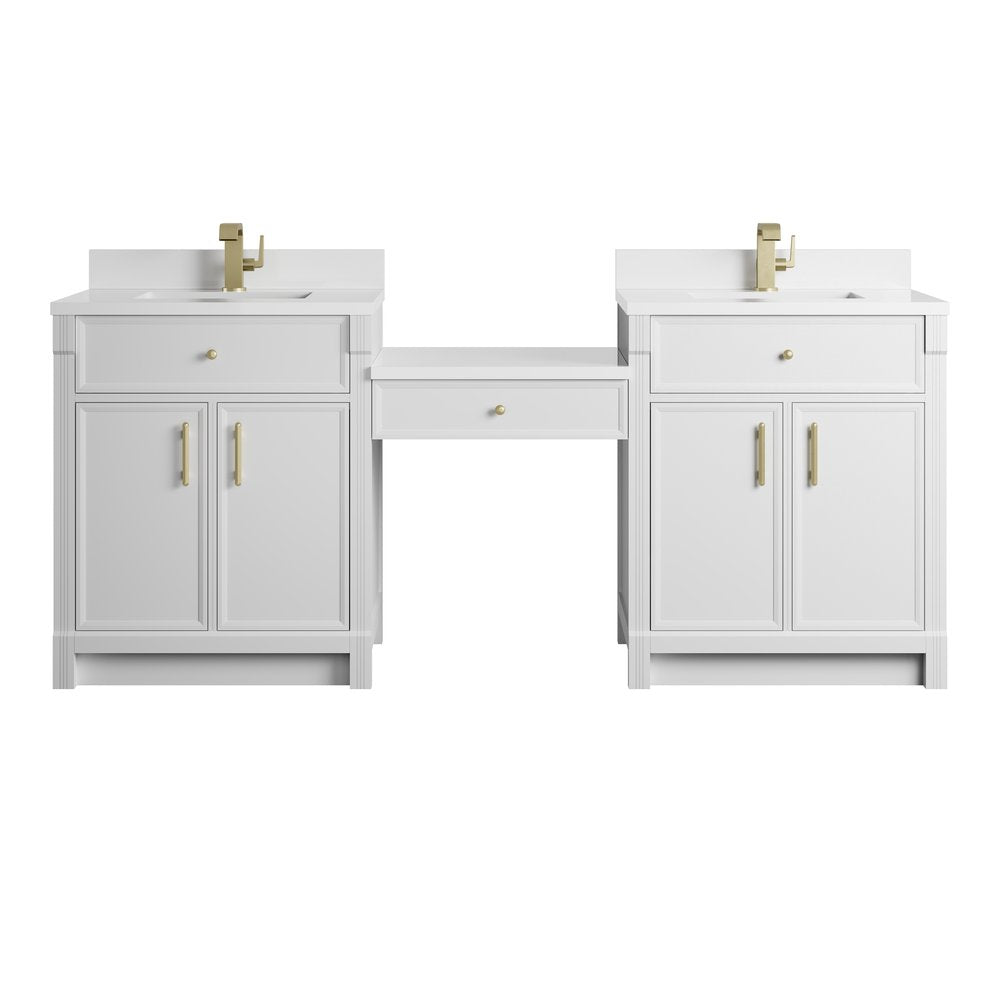 James Martin - Bellshire 84" Dual Vanity Set with 24" Make-Up Counter, Bright White w/Single Hole 3 cm White Zeus Silestone Top & Backsplash - 660-VMC84-BW-1WZ view 1