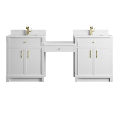 James Martin - Bellshire 84" Dual Vanity Set with 24" Make-Up Counter, Bright White w/Single Hole 3 cm White Zeus Silestone Top & Backsplash - 660-VMC84-BW-1WZ view 1