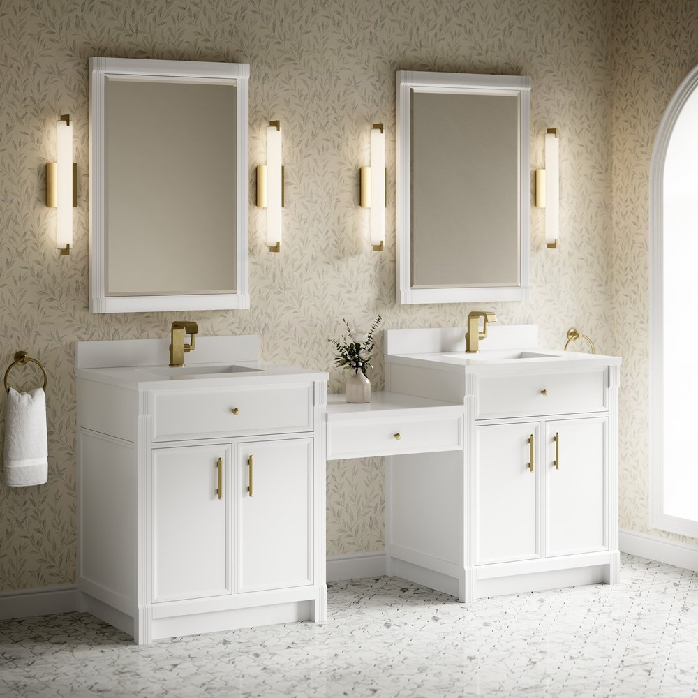 James Martin - Bellshire 84" Dual Vanity Set with 24" Make-Up Counter, Bright White w/Single Hole 3 cm White Zeus Silestone Top & Backsplash - 660-VMC84-BW-1WZ view 3