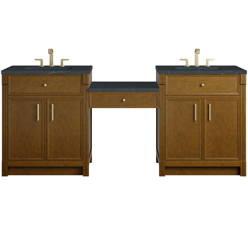 James Martin - Bellshire 84" Dual Vanity Set with 24" Make-Up Counter, Honey Oak w/3 cm Charcoal Soapstone Silestone Top - 660-VMC84-HNO-3CSP view 1