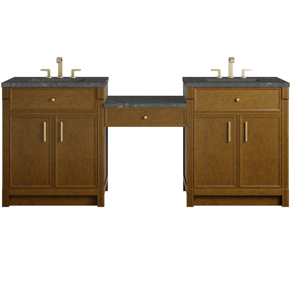 James Martin - Bellshire 84" Dual Vanity Set with 24" Make-Up Counter, Honey Oak w/3 cm Parisien Bleu Silestone Top - 660-VMC84-HNO-3PBL view 1