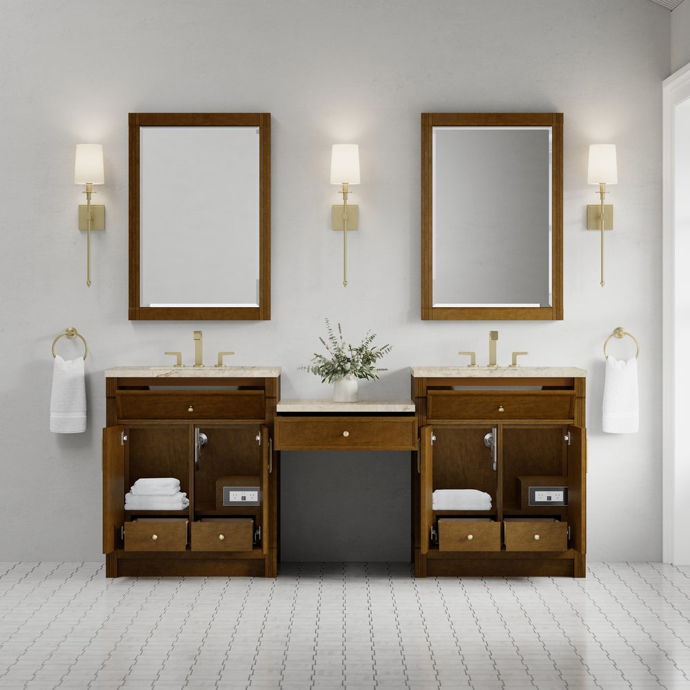 James Martin - Bellshire 84" Dual Vanity Set with 24" Make-Up Counter, Honey Oak w/3 cm Tajnar Eclos Top - 660-VMC84-HNO-3TJR view 3