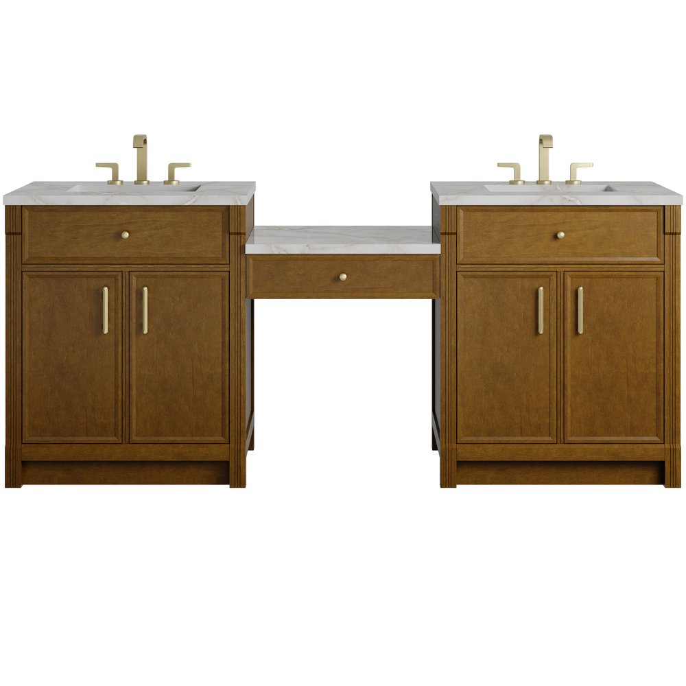 James Martin - Bellshire 84" Dual Vanity Set with 24" Make-Up Counter, Honey Oak w/3 cm Victorian Silver Silestone Top - 660-VMC84-HNO-3VSL view 1