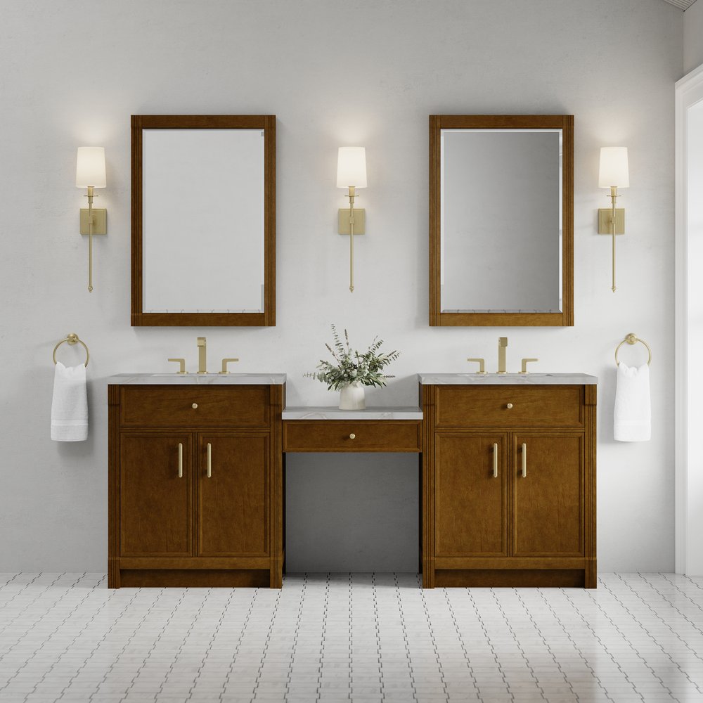 James Martin - Bellshire 84" Dual Vanity Set with 24" Make-Up Counter, Honey Oak w/3 cm Victorian Silver Silestone Top - 660-VMC84-HNO-3VSL view 2