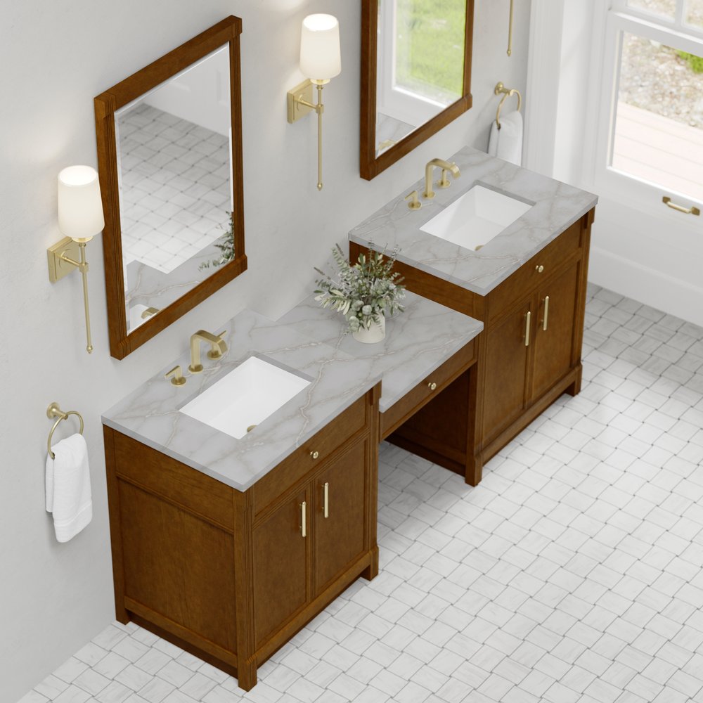 James Martin - Bellshire 84" Dual Vanity Set with 24" Make-Up Counter, Honey Oak w/3 cm Victorian Silver Silestone Top - 660-VMC84-HNO-3VSL view 4