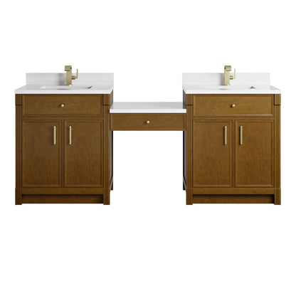 James Martin - Bellshire 84" Dual Vanity Set with 24" Make-Up Counter, Honey Oak w/Single Hole 3 cm White Zeus Silestone Top & Backsplash - 660-VMC84-HNO-1WZ view 1