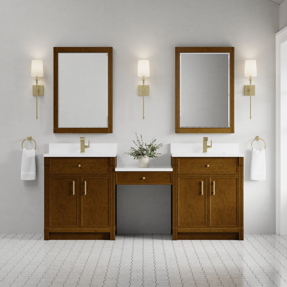 James Martin - Bellshire 84" Dual Vanity Set with 24" Make-Up Counter, Honey Oak w/Single Hole 3 cm White Zeus Silestone Top & Backsplash - 660-VMC84-HNO-1WZ view 2