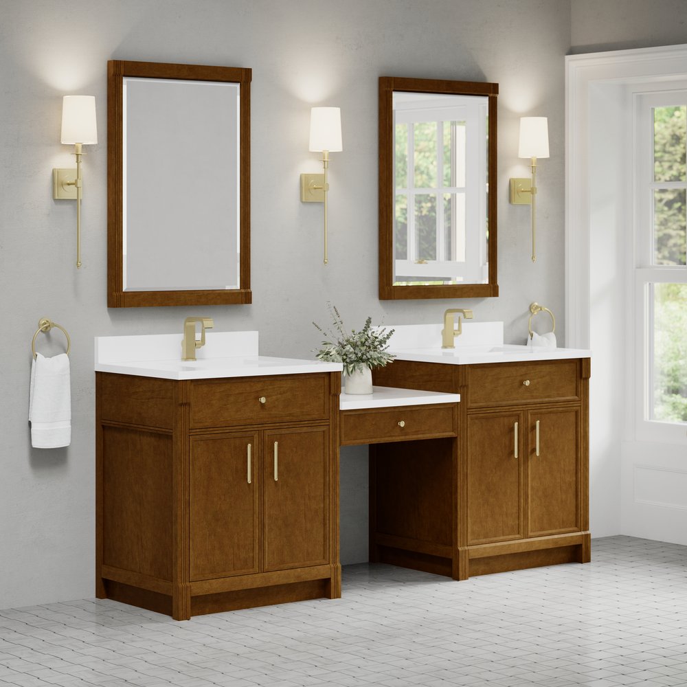 James Martin - Bellshire 84" Dual Vanity Set with 24" Make-Up Counter, Honey Oak w/Single Hole 3 cm White Zeus Silestone Top & Backsplash - 660-VMC84-HNO-1WZ view 3
