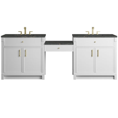 James Martin - Bellshire 96" Dual Vanity Set with 24" Make-Up Counter, Bright White w/3 cm Parisien Bleu Silestone Top - 660-VMC96-BW-3PBL view 1