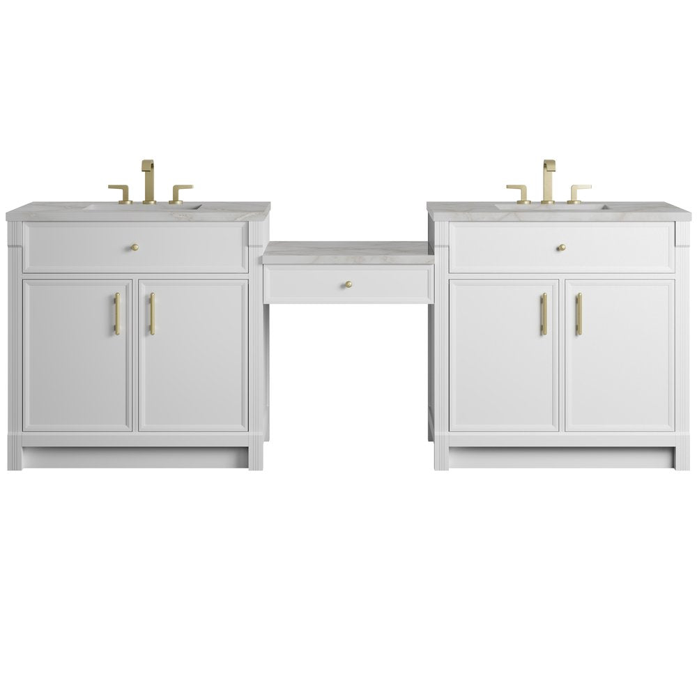 James Martin - Bellshire 96" Dual Vanity Set with 24" Make-Up Counter, Bright White w/3 cm Victorian Silver Silestone Top - 660-VMC96-BW-3VSL view 1