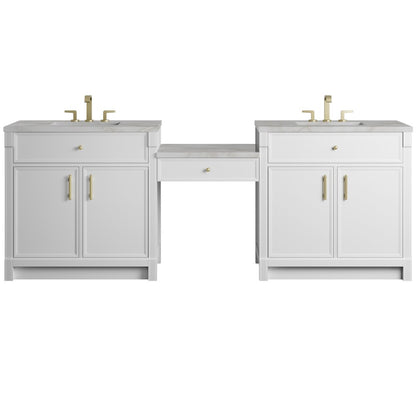 James Martin - Bellshire 96" Dual Vanity Set with 24" Make-Up Counter, Bright White w/3 cm Victorian Silver Silestone Top - 660-VMC96-BW-3VSL view 1