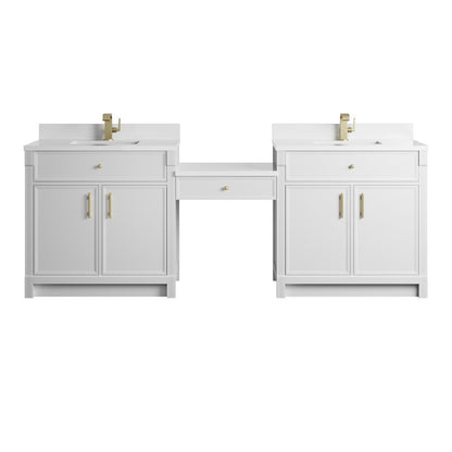 James Martin - Bellshire 96" Dual Vanity Set with 24" Make-Up Counter, Bright White w/Single Hole 3 cm White Zeus Silestone Top & Backsplash - 660-VMC96-BW-1WZ view 1