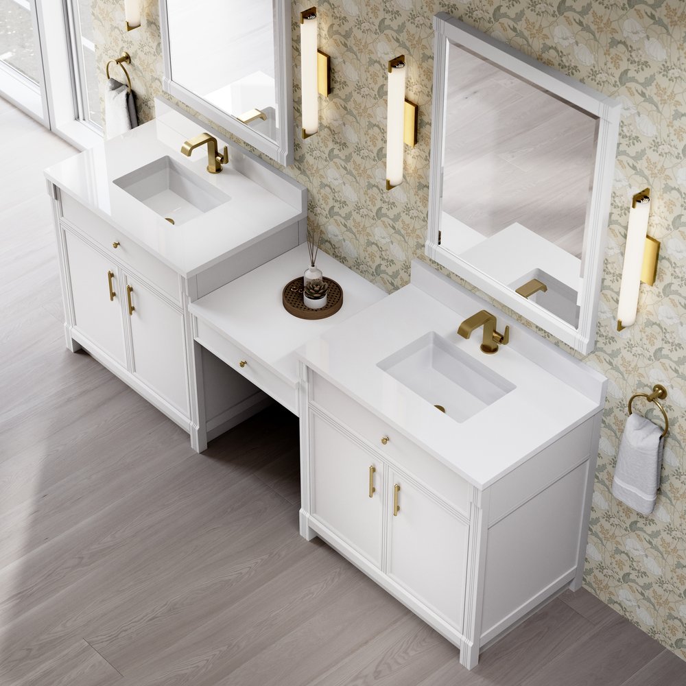 James Martin - Bellshire 96" Dual Vanity Set with 24" Make-Up Counter, Bright White w/Single Hole 3 cm White Zeus Silestone Top & Backsplash - 660-VMC96-BW-1WZ view 5