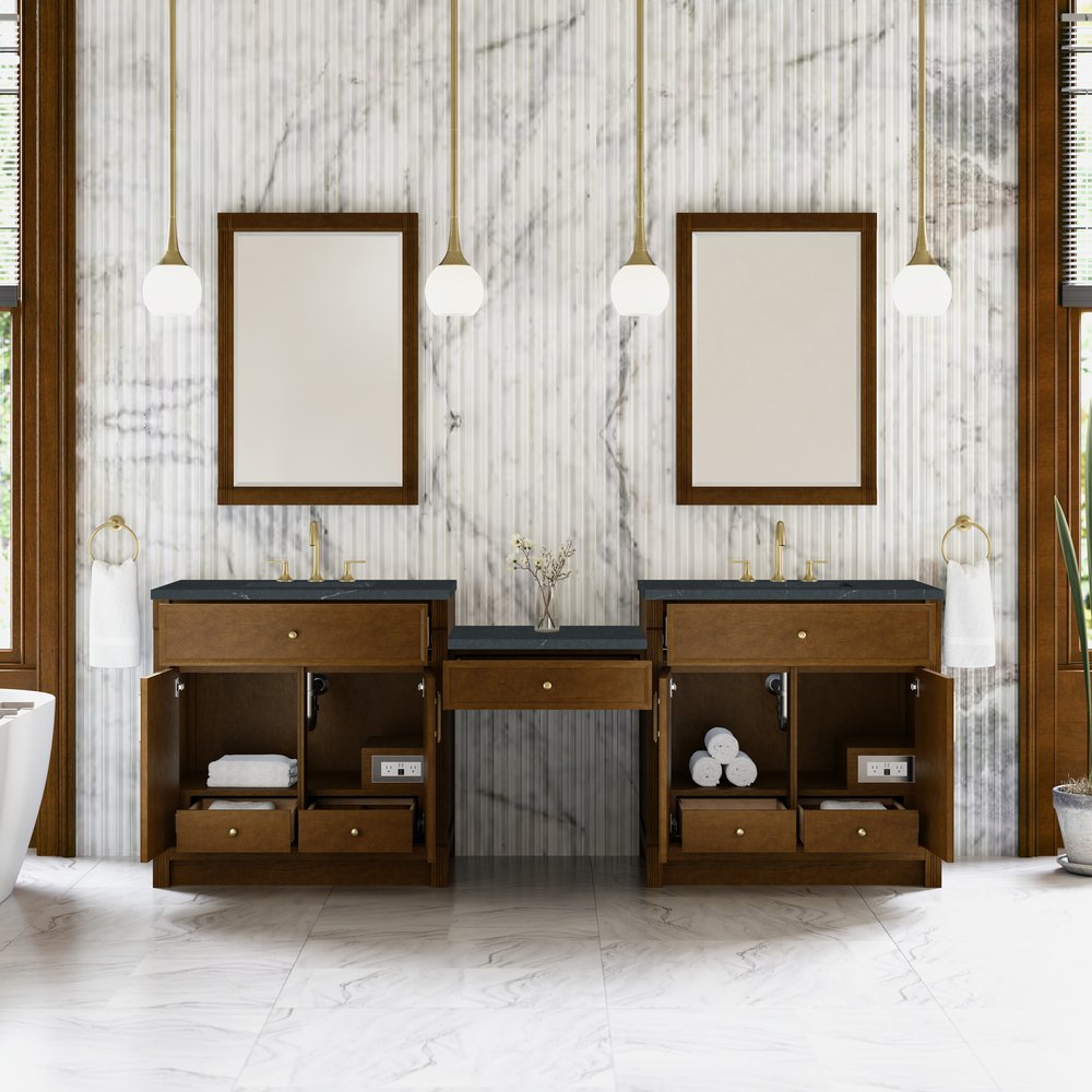 James Martin - Bellshire 96" Dual Vanity Set with 24" Make-Up Counter, Honey Oak w/3 cm Charcoal Soapstone Silestone Top - 660-VMC96-HNO-3CSP view 3