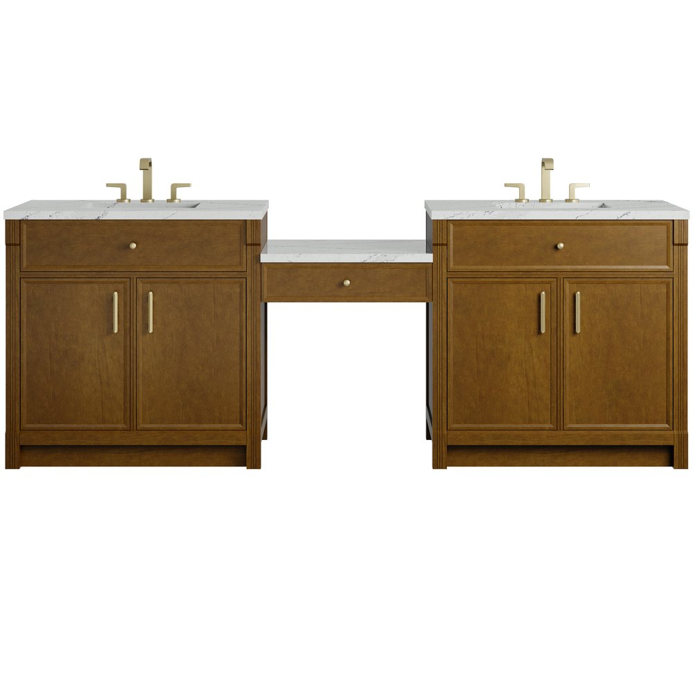 James Martin - Bellshire 96" Dual Vanity Set with 24" Make-Up Counter, Honey Oak w/3 cm Ethereal Noctis Silestone Top - 660-VMC96-HNO-3ENC view 1