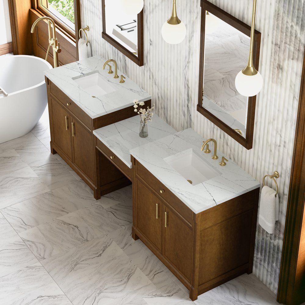 James Martin - Bellshire 96" Dual Vanity Set with 24" Make-Up Counter, Honey Oak w/3 cm Ethereal Noctis Silestone Top - 660-VMC96-HNO-3ENC view 4