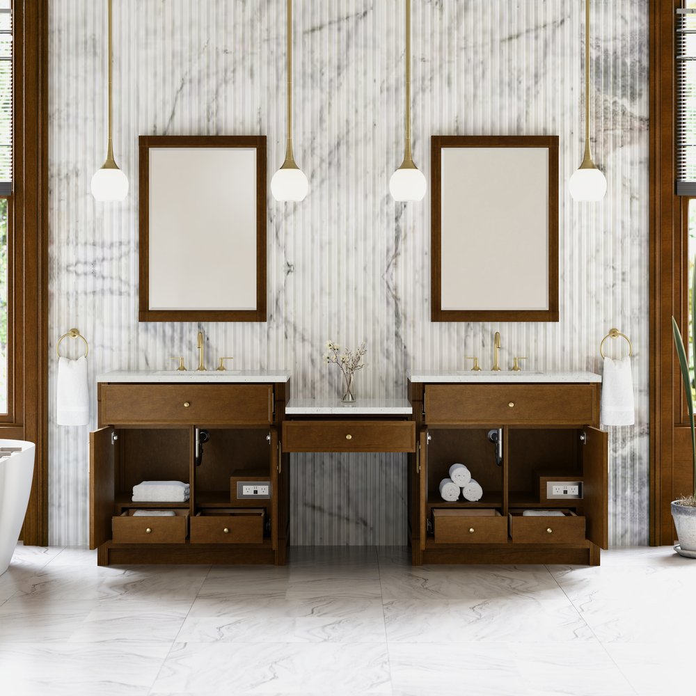 James Martin - Bellshire 96" Dual Vanity Set with 24" Make-Up Counter, Honey Oak w/3 cm Lime Delight Silestone Top - 660-VMC96-HNO-3LDL view 3