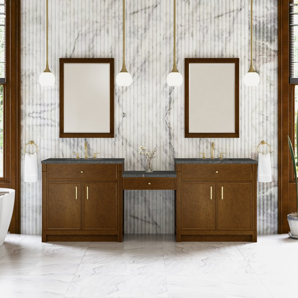 James Martin - Bellshire 96" Dual Vanity Set with 24" Make-Up Counter, Honey Oak w/3 cm Parisien Bleu Silestone Top - 660-VMC96-HNO-3PBL view 2