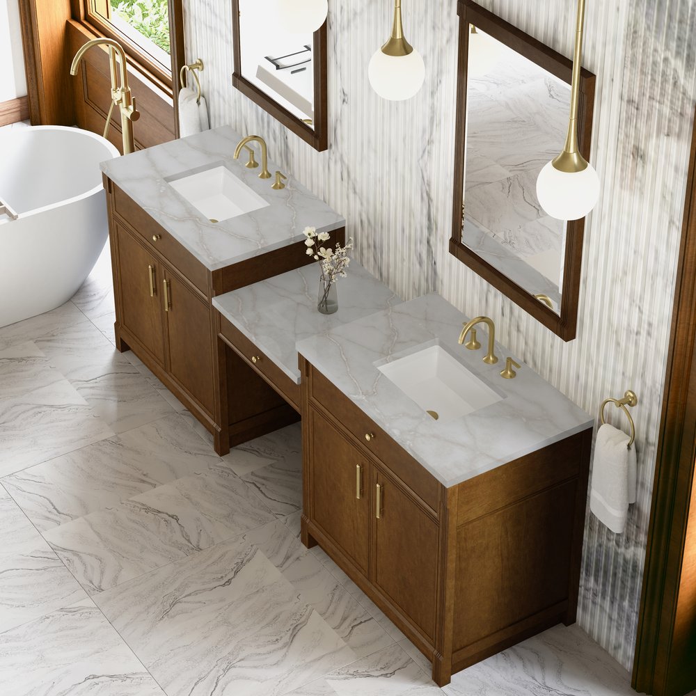 James Martin - Bellshire 96" Dual Vanity Set with 24" Make-Up Counter, Honey Oak w/3 cm Victorian Silver Silestone Top - 660-VMC96-HNO-3VSL view 4