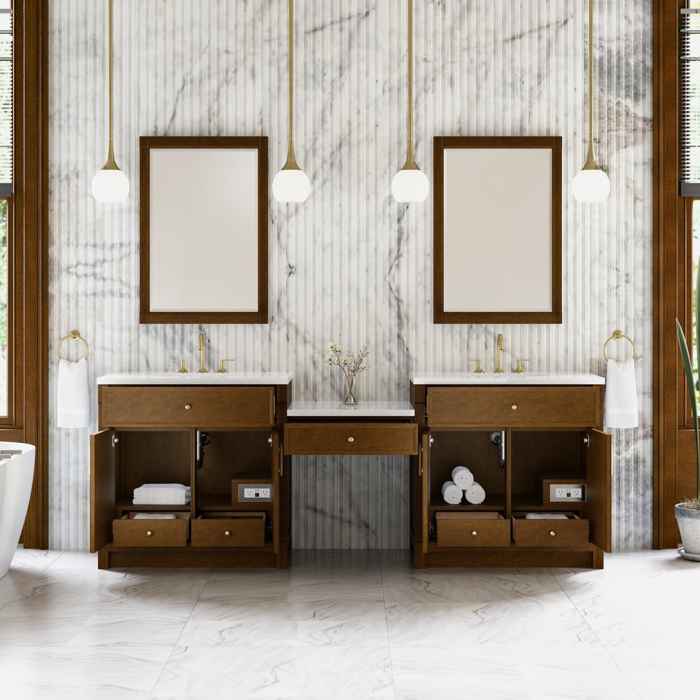 James Martin - Bellshire 96" Dual Vanity Set with 24" Make-Up Counter, Honey Oak w/3 cm White Zeus Silestone Top - 660-VMC96-HNO-3WZ view 3
