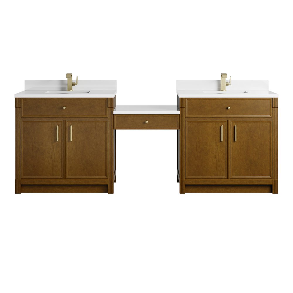 James Martin - Bellshire 96" Dual Vanity Set with 24" Make-Up Counter, Honey Oak w/Single Hole 3 cm White Zeus Silestone Top & Backsplash - 660-VMC96-HNO-1WZ view 1