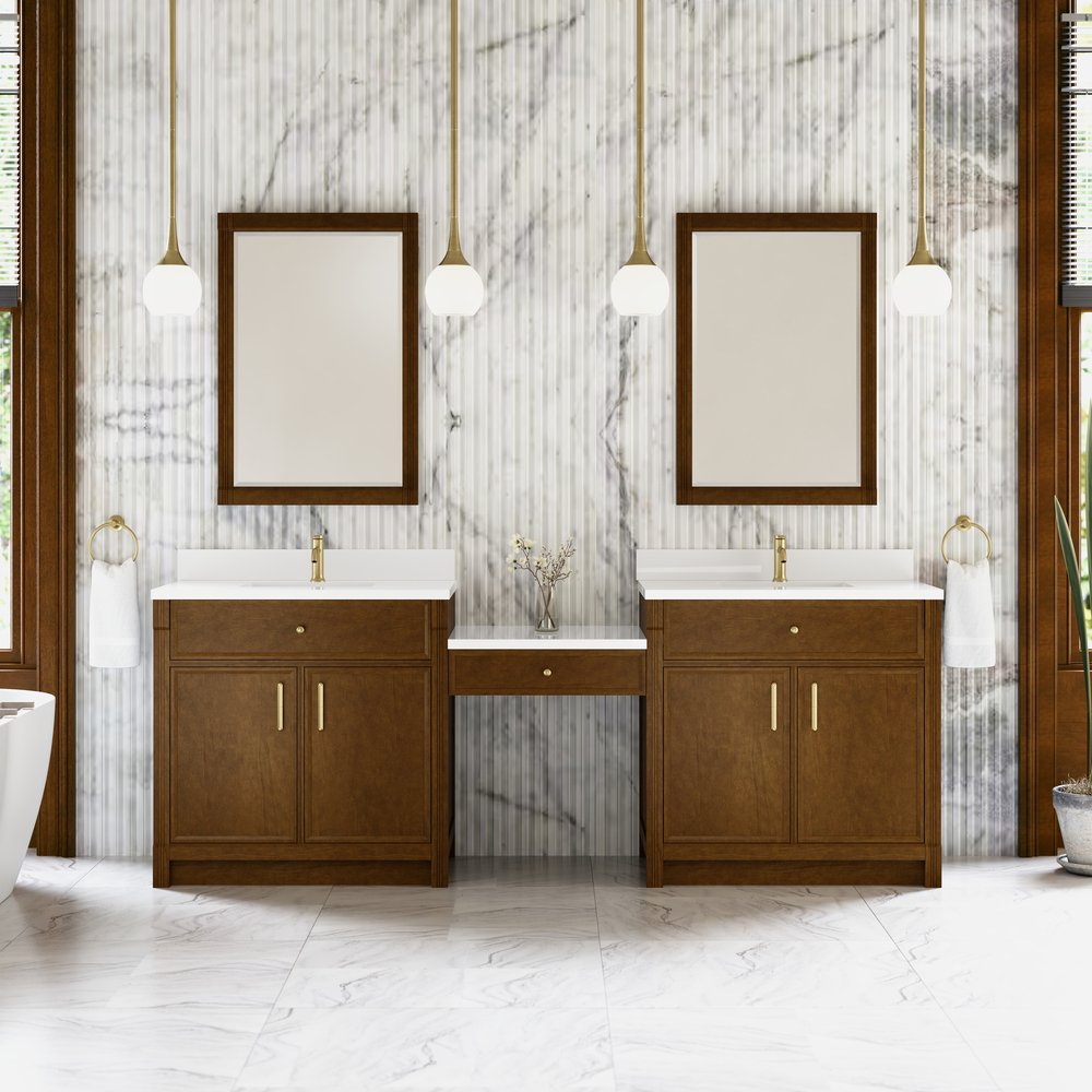 James Martin - Bellshire 96" Dual Vanity Set with 24" Make-Up Counter, Honey Oak w/Single Hole 3 cm White Zeus Silestone Top & Backsplash - 660-VMC96-HNO-1WZ view 2