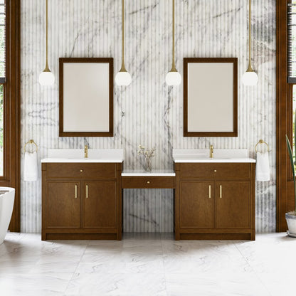 James Martin - Bellshire 96" Dual Vanity Set with 24" Make-Up Counter, Honey Oak w/Single Hole 3 cm White Zeus Silestone Top & Backsplash - 660-VMC96-HNO-1WZ view 2