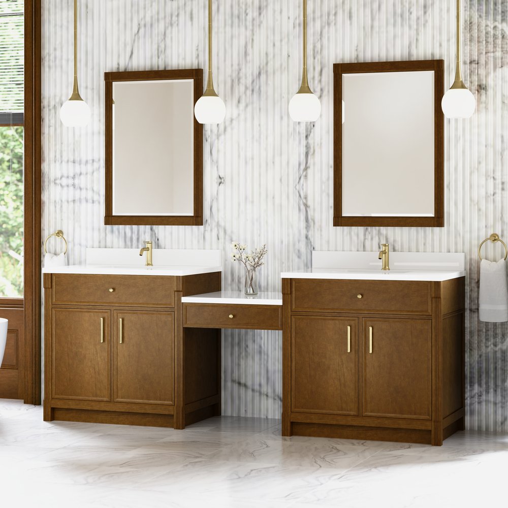 James Martin - Bellshire 96" Dual Vanity Set with 24" Make-Up Counter, Honey Oak w/Single Hole 3 cm White Zeus Silestone Top & Backsplash - 660-VMC96-HNO-1WZ view 3