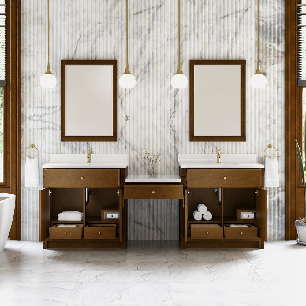 James Martin - Bellshire 96" Dual Vanity Set with 24" Make-Up Counter, Honey Oak w/Single Hole 3 cm White Zeus Silestone Top & Backsplash - 660-VMC96-HNO-1WZ view 4