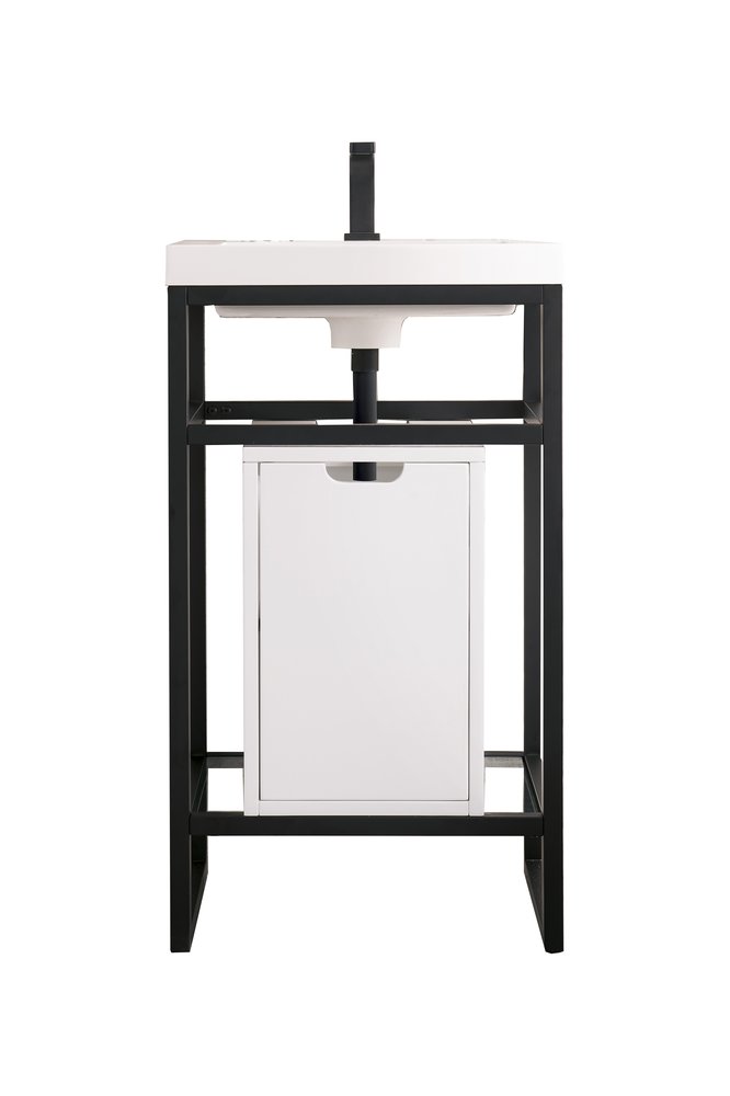 James Martin - Boston 20" Single Console Vanity, Matte Black w/ Glossy White Storage, White Glossy Composite Stone - C105V20MBKSCGWWG view 1