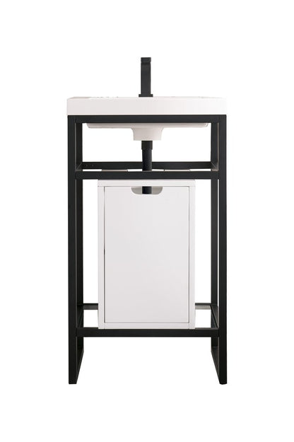 James Martin - Boston 20" Single Console Vanity, Matte Black w/ Glossy White Storage, White Glossy Composite Stone - C105V20MBKSCGWWG view 1