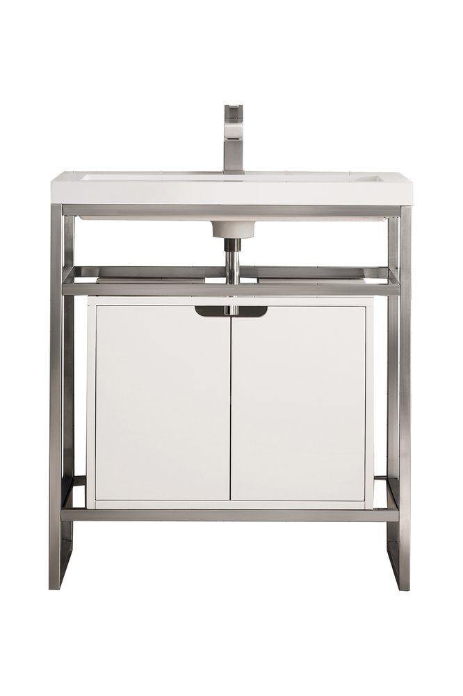 James Martin - Boston 31.5" Single Console Vanity, Brushed Nickel, Gloss White Storage, White Gloss Composite Stone - C105V31.5BNKSCGWWG view 1