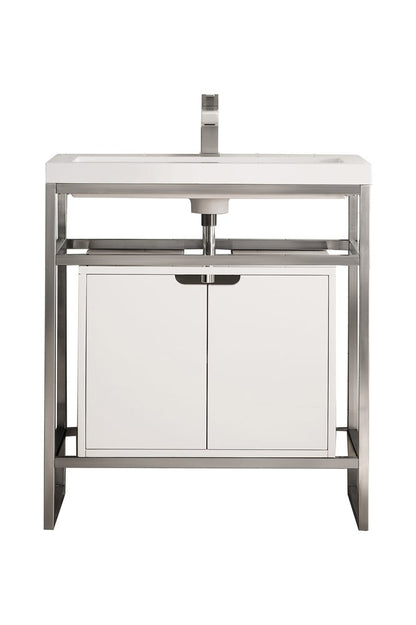 James Martin - Boston 31.5" Single Console Vanity, Brushed Nickel, Gloss White Storage, White Gloss Composite Stone - C105V31.5BNKSCGWWG view 1