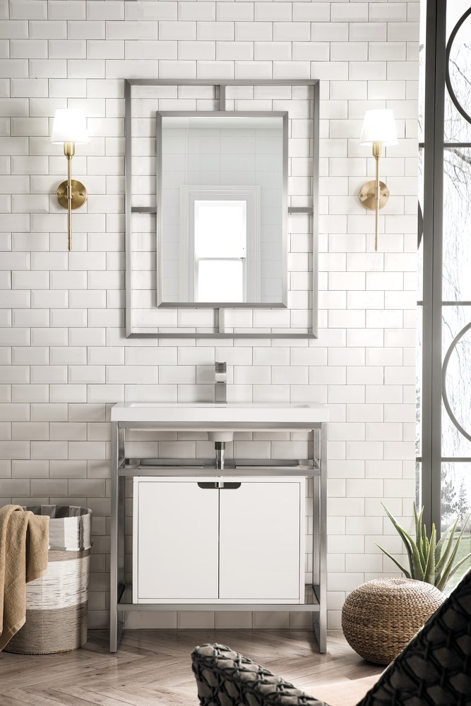 James Martin - Boston 31.5" Single Console Vanity, Brushed Nickel, Gloss White Storage, White Gloss Composite Stone - C105V31.5BNKSCGWWG view 2