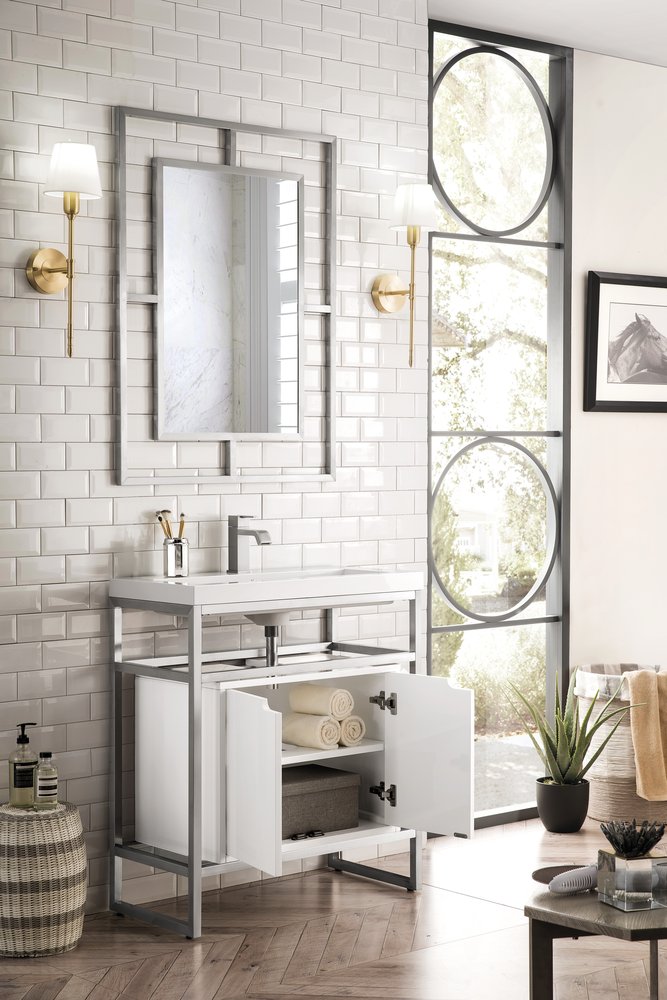 James Martin - Boston 31.5" Single Console Vanity, Brushed Nickel, Gloss White Storage, White Gloss Composite Stone - C105V31.5BNKSCGWWG view 4