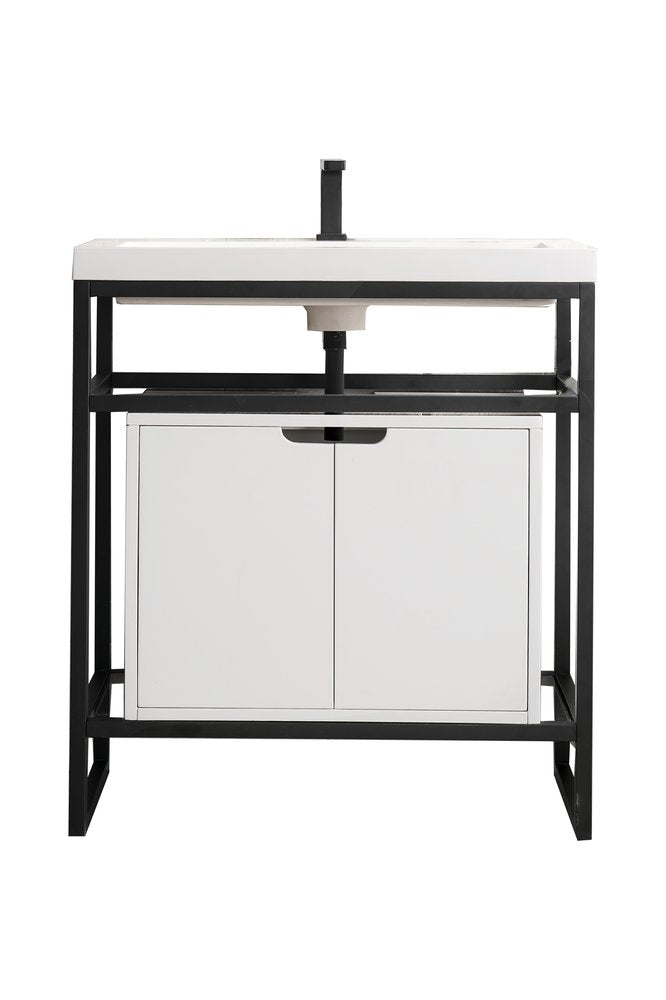 James Martin - Boston 31.5" Single Console Vanity, Matte Black, Glossy White Storage, White Glossy Composite Stone - C105V31.5MBKSCGWWG view 1