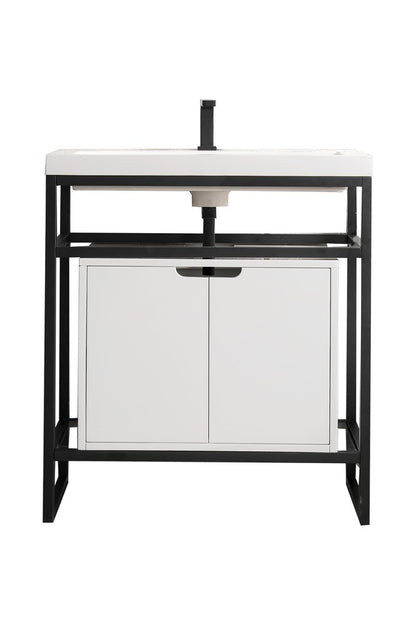 James Martin - Boston 31.5" Single Console Vanity, Matte Black, Glossy White Storage, White Glossy Composite Stone - C105V31.5MBKSCGWWG view 1