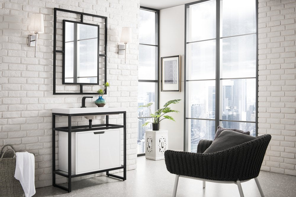 James Martin - Boston 31.5" Single Console Vanity, Matte Black, Glossy White Storage, White Glossy Composite Stone - C105V31.5MBKSCGWWG view 3