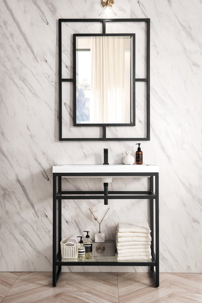 James Martin - Boston 31.5" Single Console Vanity, Matte Black w/ White Glossy Composite Stone Top - C105V31.5MBKWG view 2