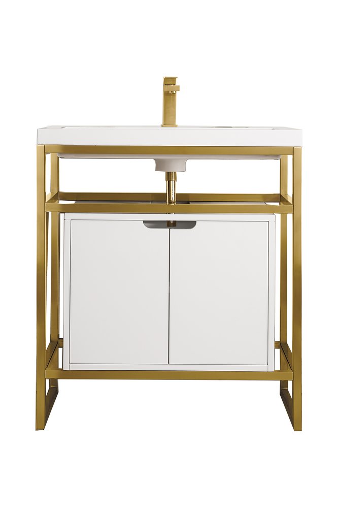 James Martin - Boston 31.5" Single Console Vanity, Radiant Gold, Glossy White Storage, White Glossy Composite Stone - C105V31.5RGDSCGWWG view 1