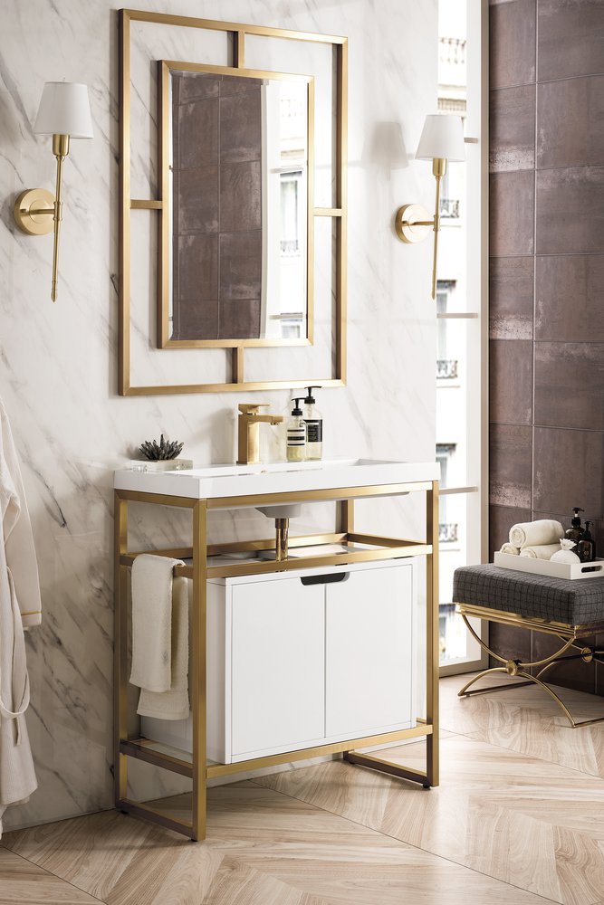 James Martin - Boston 31.5" Single Console Vanity, Radiant Gold, Glossy White Storage, White Glossy Composite Stone - C105V31.5RGDSCGWWG view 3