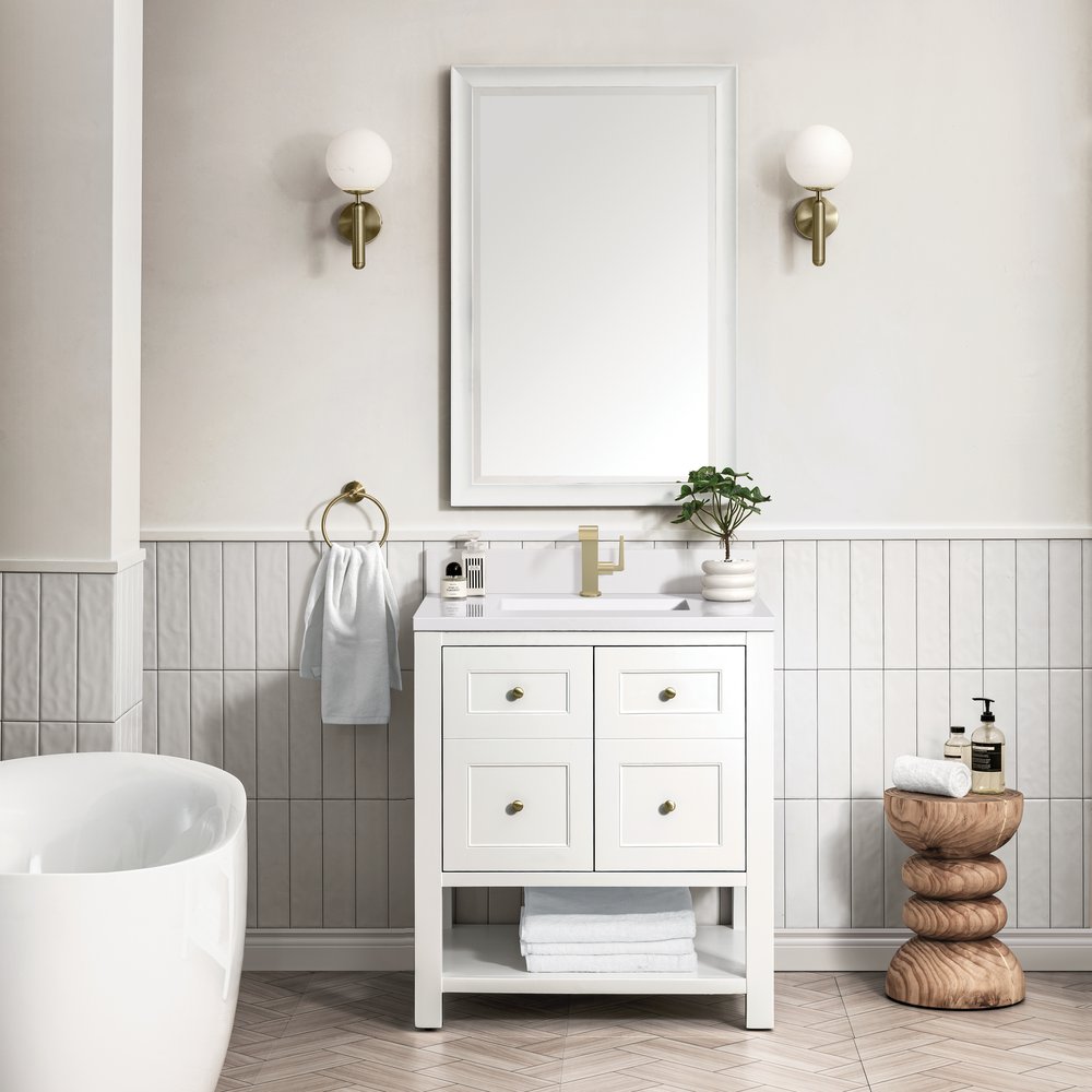 James Martin - Breckenridge 30" Single Vanity, Bright White w/ Single Hole 3 CM White Zeus Top & Backsplash - 330-V30-BW-1WZ view 3